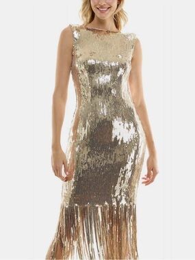 Nanette Lepore Gold Sequin Fringe Sheath Dress